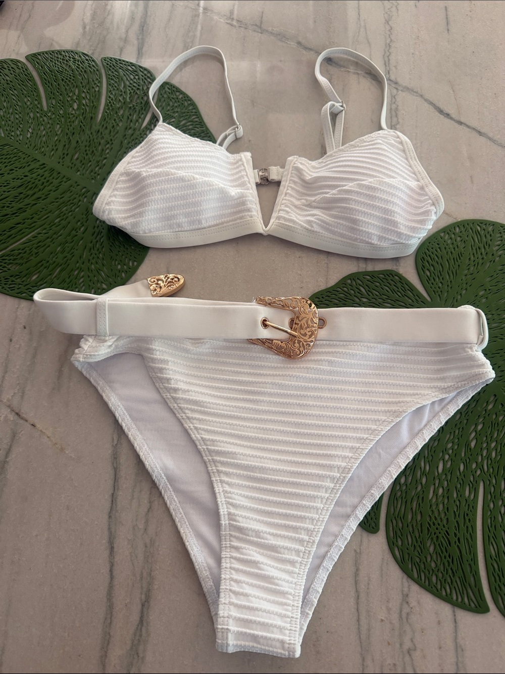 White Ribbed Bikini Set with Removable Gold Buckle Belt - Women Swim